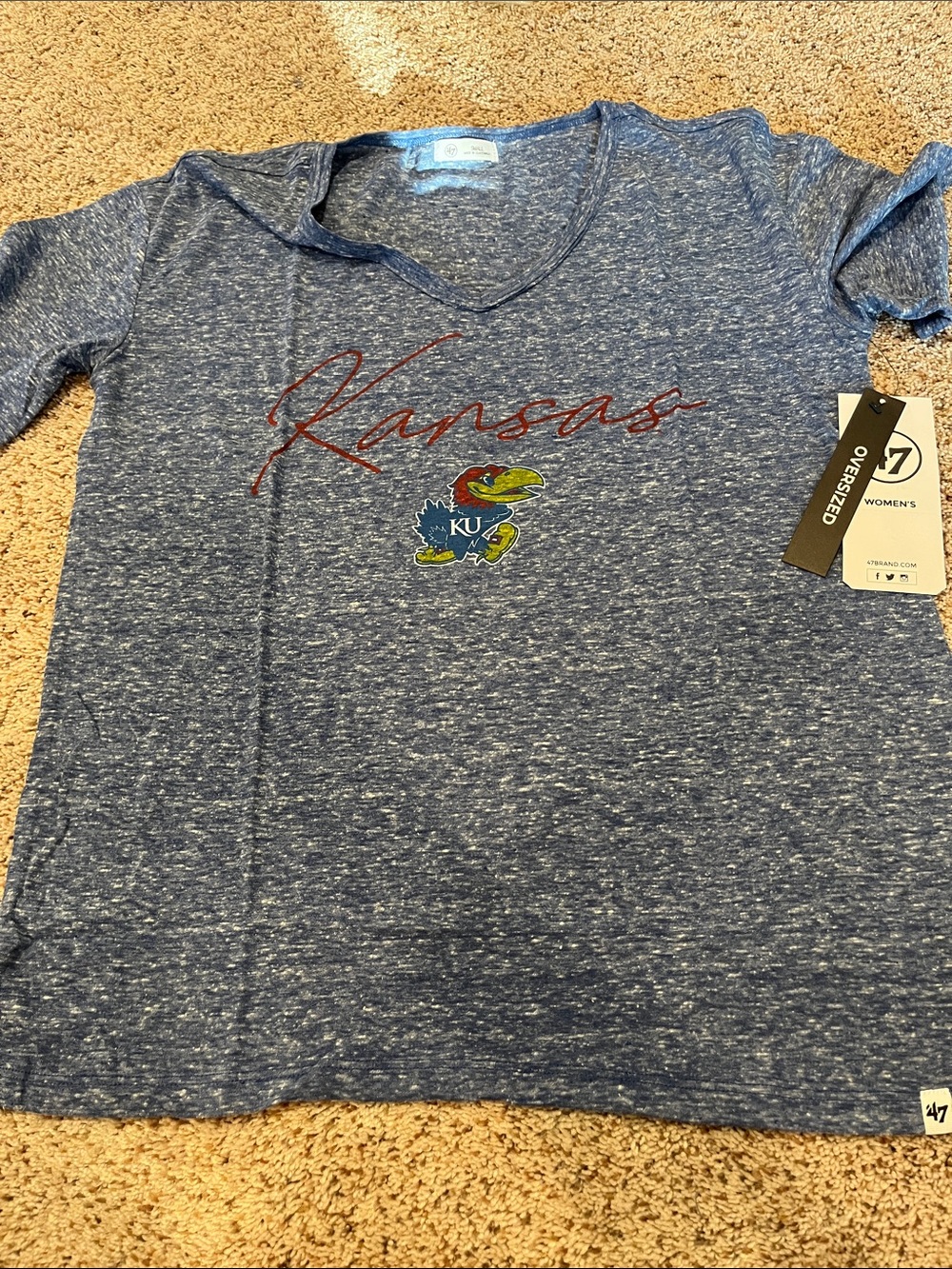 '47 Brand Kansas Heather Blue Oversized V-Neck Tee with Jayhawk Logo